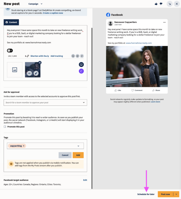 Arrow pointing to the Schedule for later button in Hootsuite Composer