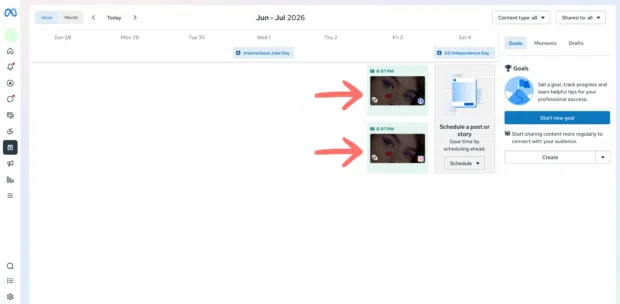 Meta Business Suite Planner calendar with arrows pointing to scheduled Facebook and Instagram posts
