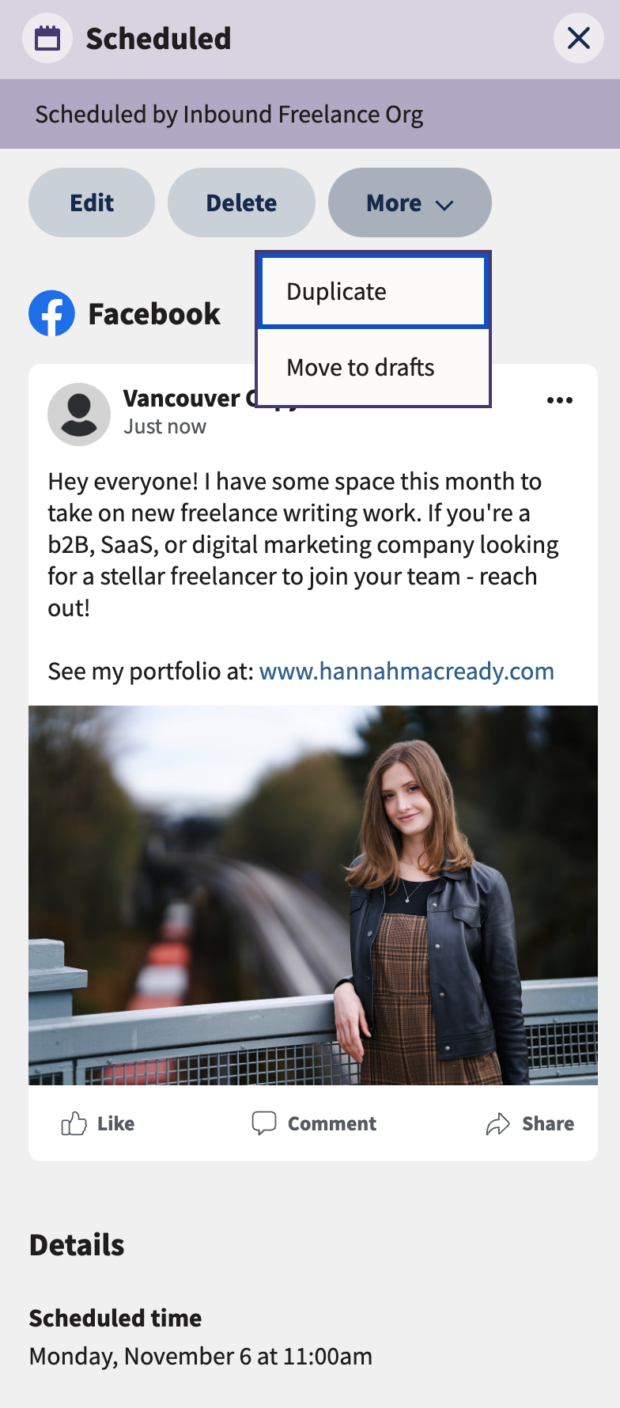 Scheduled post options in Hootsuite showing edit, delete, duplicate, and move to drafts