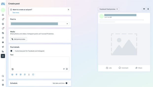Meta Business Suite post composer with media and text fields and a post preview