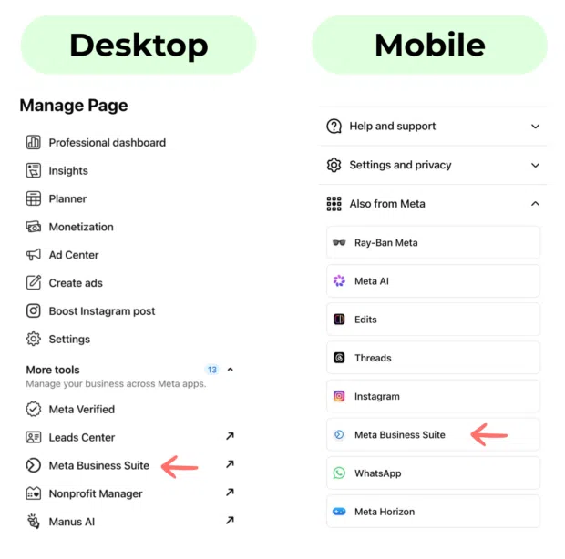 Desktop and mobile Facebook menus with arrows pointing to Meta Business Suite