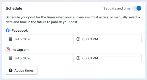 Schedule settings in Meta Business Suite with date and time fields for Facebook and Instagram