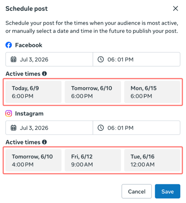 Schedule post window showing recommended active times for Facebook and Instagram