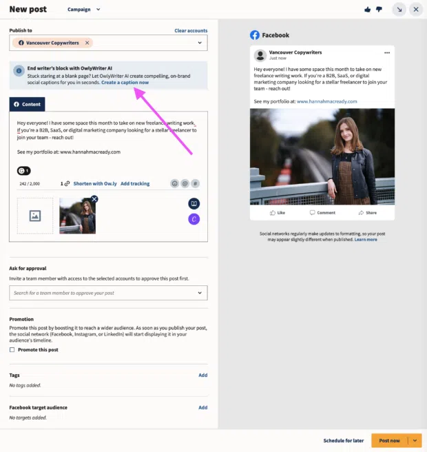 Hootsuite post composer with an arrow pointing to OwlyWriter AI
