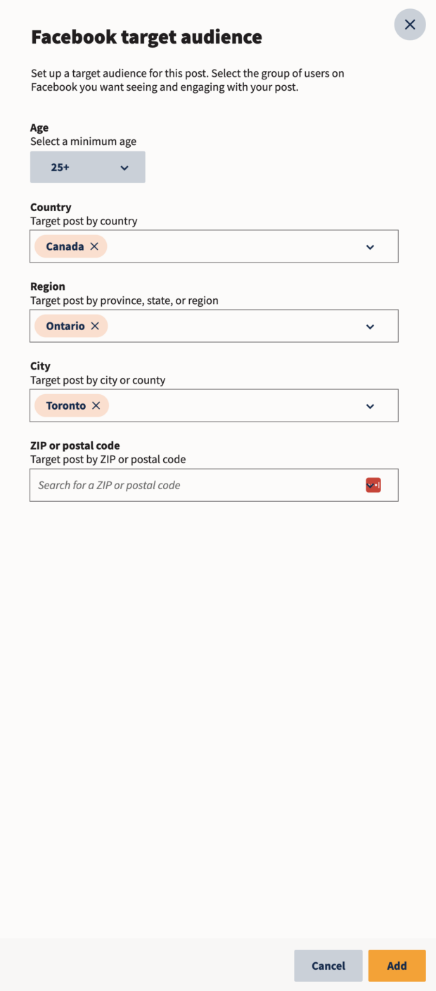 Facebook target audience settings in Hootsuite with age and location options