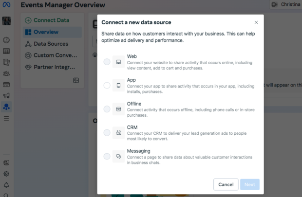 Connecting a data source to the Meta Pixel in Events Manager