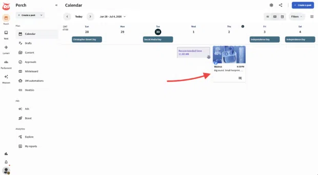 Perch Planner showing scheduled Facebook posts in a calendar view.