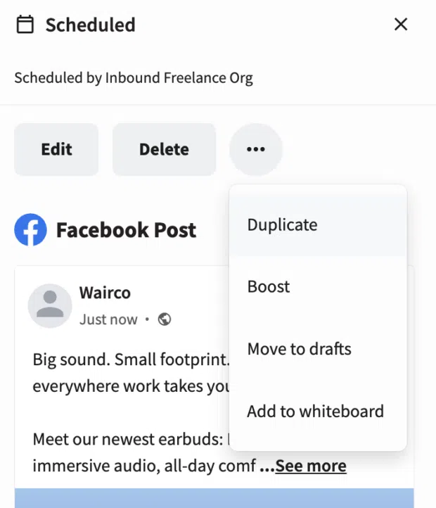 Perch Planner showing options to edit, delete, duplicate, or move a scheduled Facebook post to drafts.