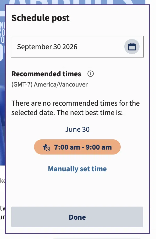 Perch scheduling window showing date, time, and recommended publishing times for a Facebook post.