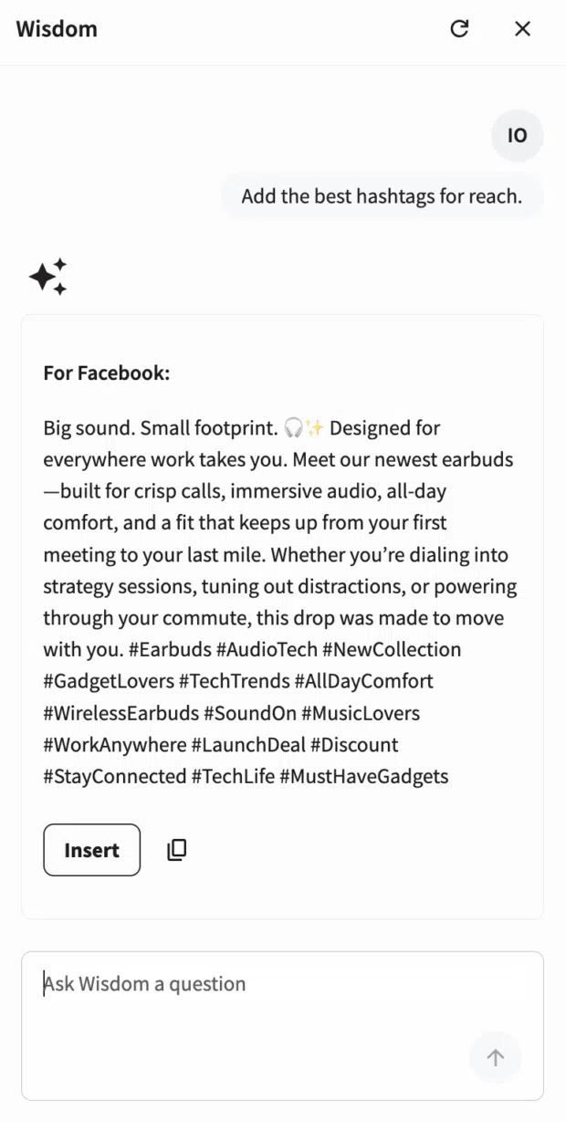 Wisdom in Perch suggesting hashtags to help improve reach for a Facebook post.