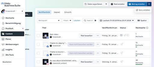 „Story erstellen“ unter dem Content-Tab in der Meta Business Suite