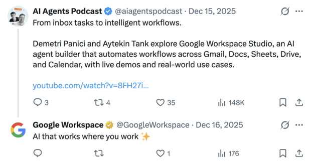 Example of Google Workspace responding to a Tweet that didn't tag the brand directly