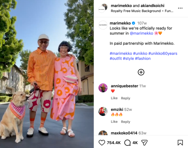 Influencer collaboration on Instagram from the brand Marimekko