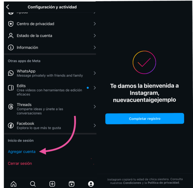 Configuración y actividad de la cuenta de Instagram y registro