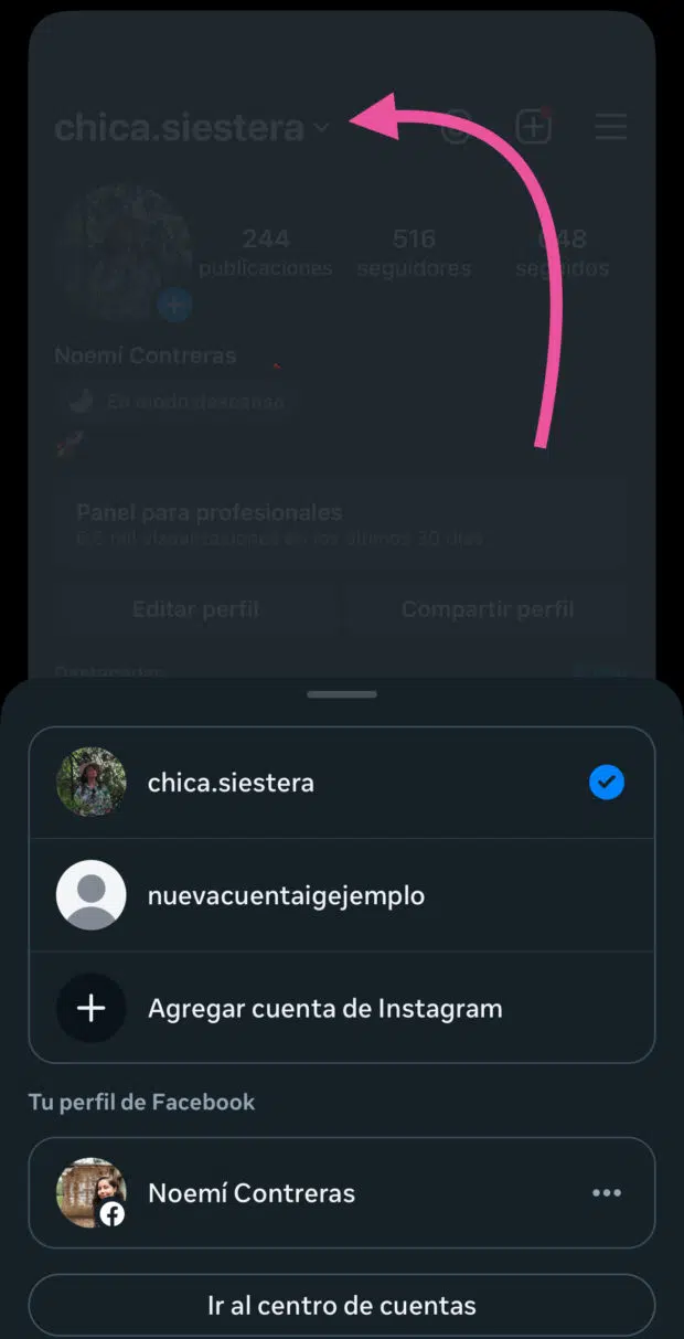 pulsa el nombre de usuario para cambiar de cuenta de Instagram