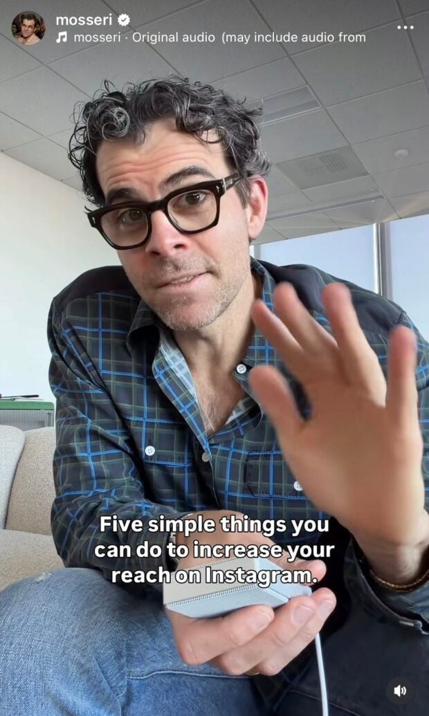 Instagram Reel from Adam Mosseri, Head of Instagram, explaining tips to increase reach on Instagram