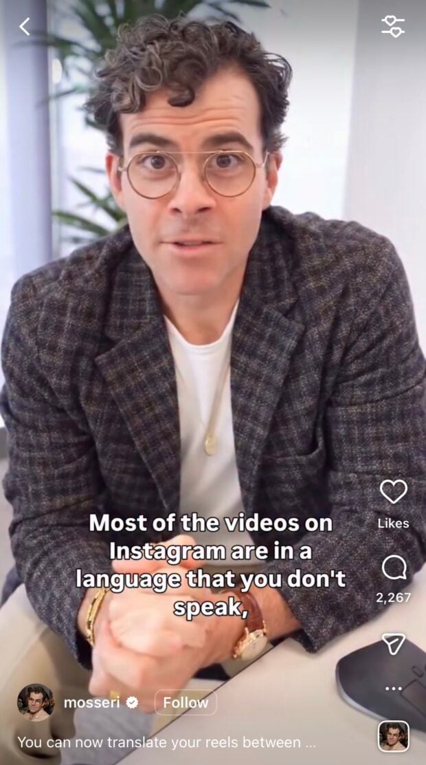 Instagram Reel from Adam Mosseri, Head of Instagram, about AI translations
