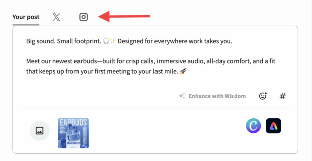 Perch composer window with arrow pointing to multiple connected accounts