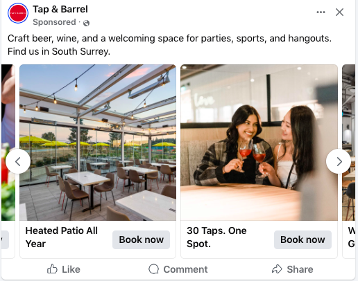 Tap and Barrel various carousel cards restaurant features in South Surrey
