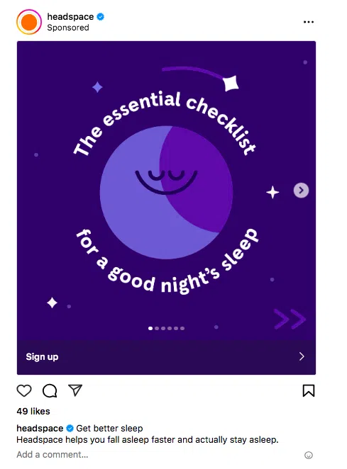 Headspace Instagram ad the essential checklist for a good night's sleep