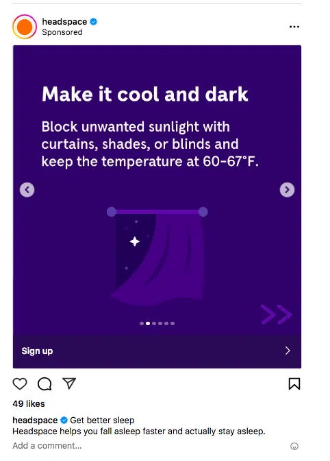 Headspace sponsored ad get better sleep make room cool and dark