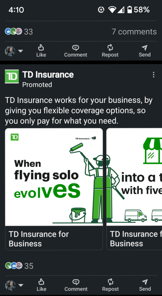 TD insurance ad one graphic on two cards to encourage swiping