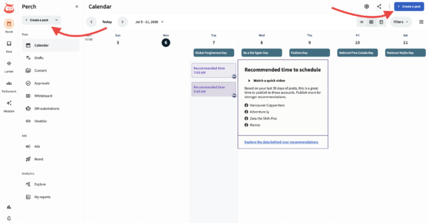 Perch dashboard with an arrow point to the Create a Post button