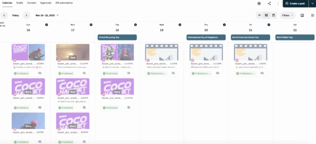 A weekly social media content calendar view for the Instagram account @boom_pro_wrestling from March 16–22, 2025, in a third-party scheduling tool. Posts are scheduled or published daily, with multiple posts on March 16, 17, and 18. Each post card displays a thumbnail, timestamp, post type (e.g., Reel, Story), and publication status marked “Published.” Observances like Global Recycling Day and International Day of Happiness are noted above relevant dates.