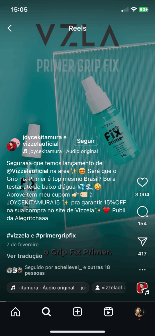 Colaboração entre a marca de cosméticos Vizzela e a influenciadora Joyce Kitamura com cupom de desconto.