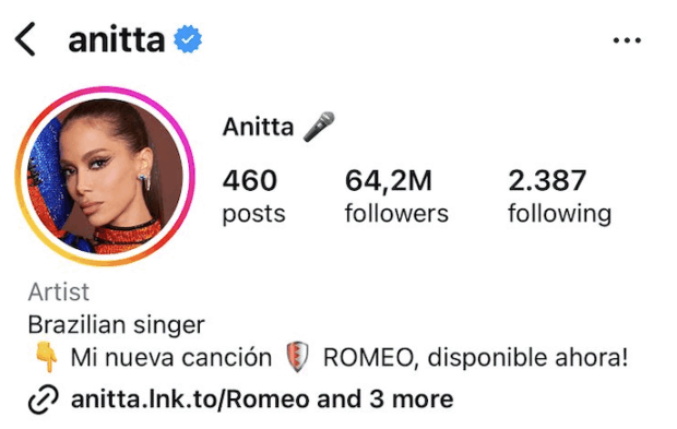 A imagem mostra o perfil da cantora Anitta, cuja biografia contém as frases “Brazilian singer” e “Mi nueva canción Romeo, disponible ahora” junto com alguns links.