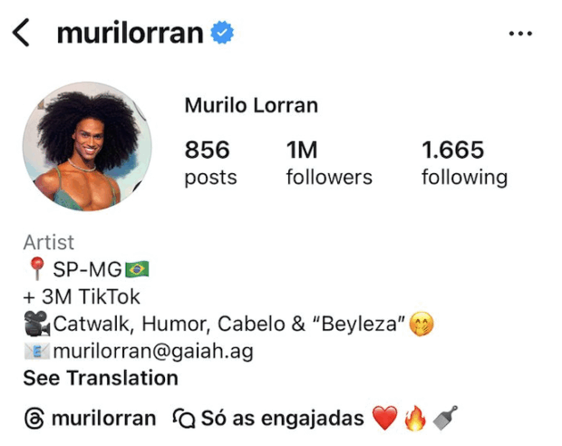 A imagem mostra o perfil de Murilo Lorran, cuja biografia contém a sua localização, número de seguidores no TikTok, a descrição “Catwalk, Humor, Cabelo e Beyleza” e um e-mail de contato, com o uso de emojis.