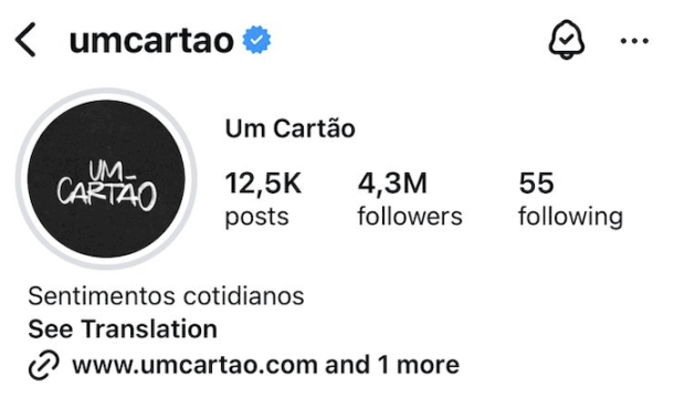 A imagem mostra o perfil “Um cartão” no Instagram, cuja biografia contém a expressão “Sentimentos cotidianos”.