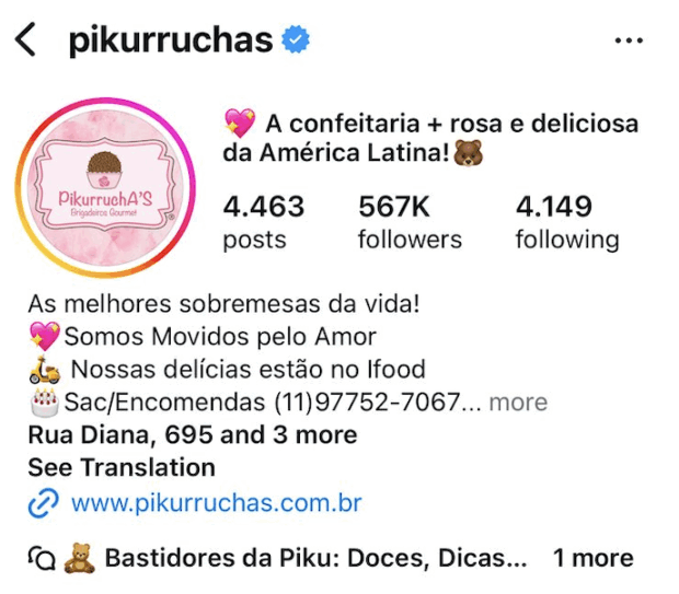 A imagem mostra o perfil da confeitaria Pikurruchas no Instagram, cuja biografia contém a descrição da marca, plataforma para compra online, informações de contato e link para o website da empresa.