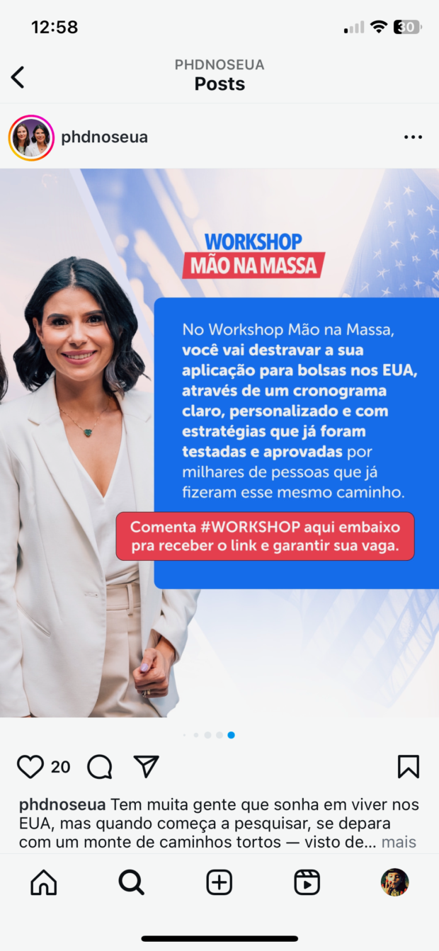 Post do Instagram solicitando que os seguidores comentem a palavra-chave “#workshop” para receber o link de inscrição para o evento via mensagem direta.