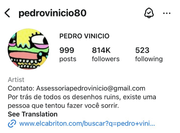A imagem mostra o perfil do influencer Pedro Vinicio, cuja biografia contém o e-mail de contato, a frase “por trás de todos os desenhos ruins, existe uma pessoa que tentou fazer você sorrir” e um link
