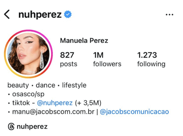 A imagem mostra o perfil da influencer Manuela Perez, cuja biografia contém as informações: beauty, dance, lifestyle, cidade, perfil no TikTok e formas de contato.