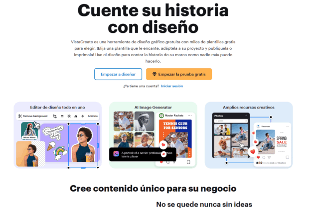 Captura de la página de inicio de VistaCreate que te invita a contar tu historia con diseño