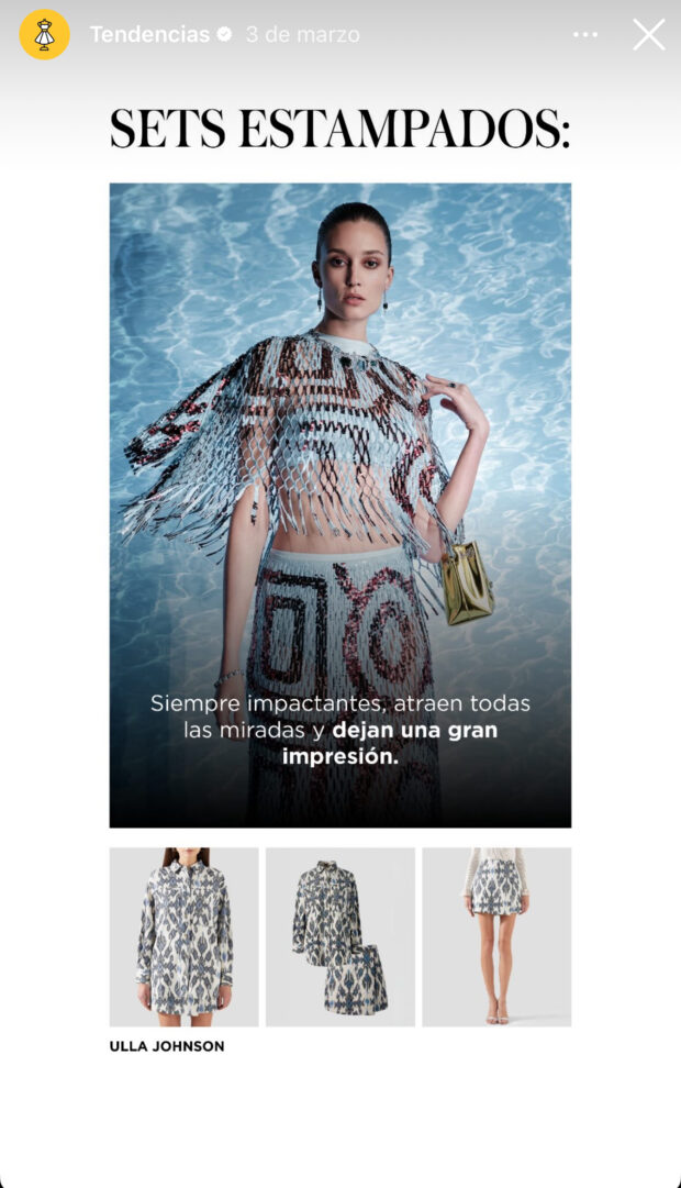 Captura de pantalla de Historia de El Palacio de Hierro que muestra la tendencia de conjuntos de ropa estampados