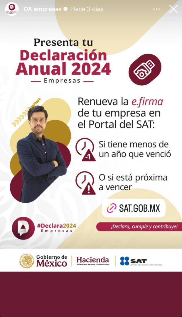Captura de pantalla de Historia de Instagram del SAT México