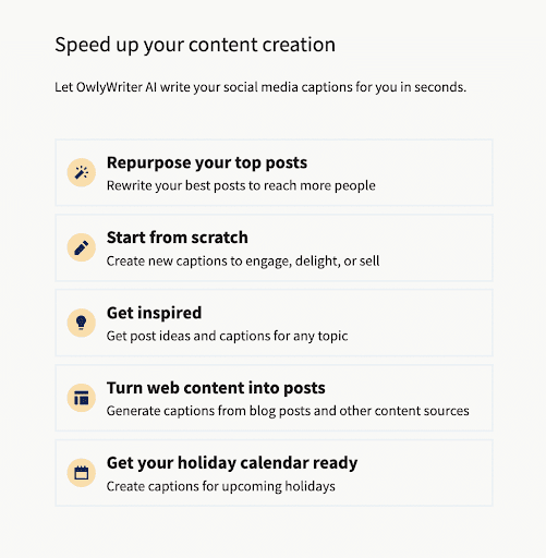 OwlyWriter AI in Hootsuite: Haupt-Screen mit verfügbarer Auswahl