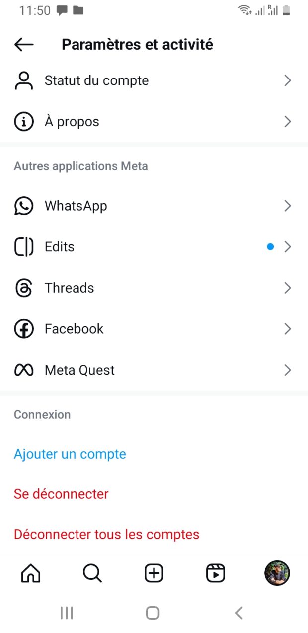 Ajouter un compte dans Paramètres et activité du compte Instagram