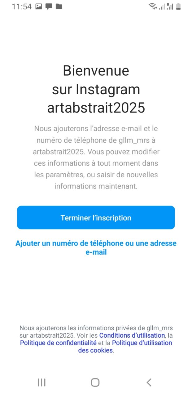 Terminer la création du nouveau compte Instagram