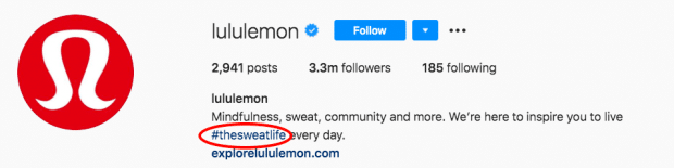 Lululemon's branded Instagram hashtag "the sweat life" in their bio section