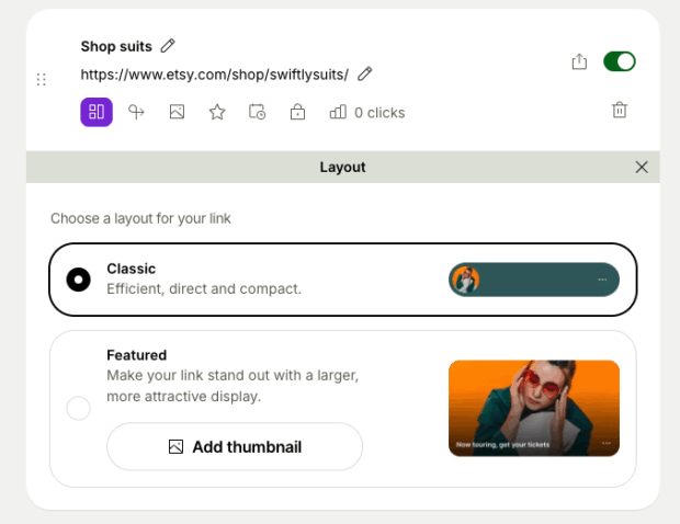 Add a new link and choose layout classic and featured