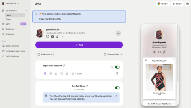 copy the URL from dashboard to set as Instagram bio
