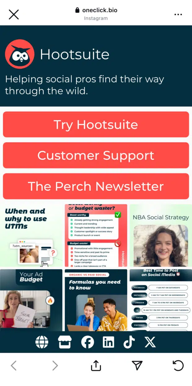 Hootsuite Customer Support and Newsletter link tree