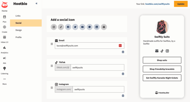 Hootbio add a social icon