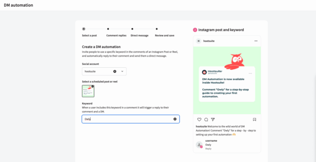 DM automation setup shown in Hootsuite