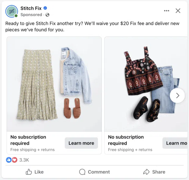 Clothing subscription brand Stitch Fix sponsored ad
