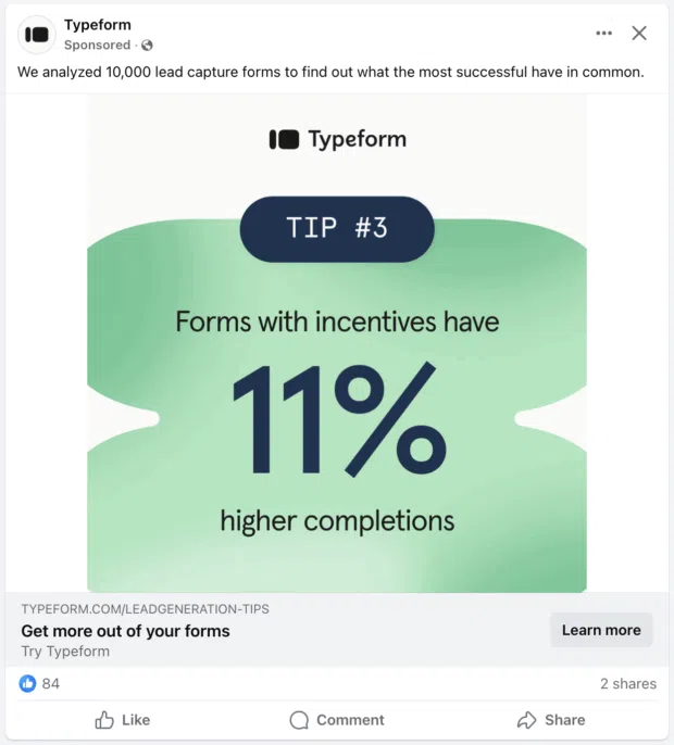 Facebook ad sponsored Typeform